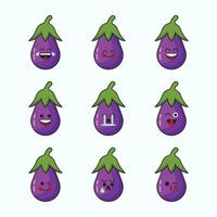 Gemüse Emoticon Vektor Symbol Satz. süß Emoji Aubergine mit Gesicht.