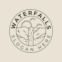 Wasserfall National Park Linie Kunst Logo Vektor mit Emblem Illustration Vorlage Design.