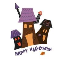Halloween Haus isoliert Element Hand gezeichnet im komisch Karikatur Stil. Vektor unheimlich Schloss mit Text. einfach Halloween verfolgt Haus zum Party, Karte Dekoration, Drucke, Aufkleber, Einladungen.