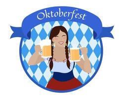 oktoberfestflicka med ölmuggar. le kvinna i klänning dirndl vektor