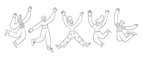 glada positiva män och kvinnor som hoppar i luften. vektor illustration