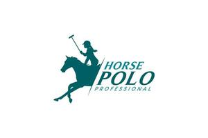 häst polo sport logotyp med silhuett av en kvinna ridning en löpning häst vektor