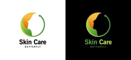 Haut Pflege Logo Design mit schön weiblich Gesicht im Schmetterling Flügel, weiblich Schönheit Logo vektor