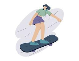 Vektor komisch isoliert eben Mädchen Skateboardfahrer. jung Karikatur Frau Reiten ein Skateboard.