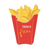 Französisch gebraten Kartoffeln im rot Box Verpackung. schnell Essen, Müll. Box mit Inschrift. vektor