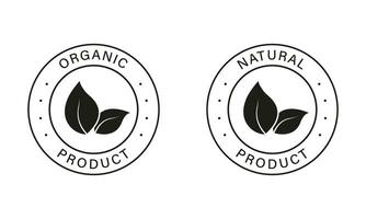 natürlich und ökologisch Produkte, vegan Essen Aufkleber. bio gesund Öko Essen Zeichen. organisch Essen Etikette Satz. 100 Prozent organisch schwarz Symbole. isoliert Vektor Illustration.