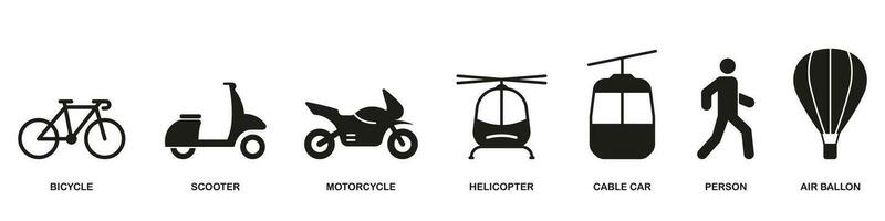 Transport Silhouette Symbol Satz. der Verkehr solide unterzeichnen. Motorrad, Fahrrad, Moped, Roller, Kabel Auto, Hubschrauber Piktogramm. Lieferung Bedienung Fahrzeug Symbol Sammlung. isoliert Vektor Illustration.