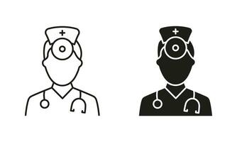 öra, näsa, hals läkare symbol samling. ent specialist. otolaryngologist läkare linje och silhuett svart ikon uppsättning. otolaryngology läkare personal piktogram. isolerat vektor illustration.