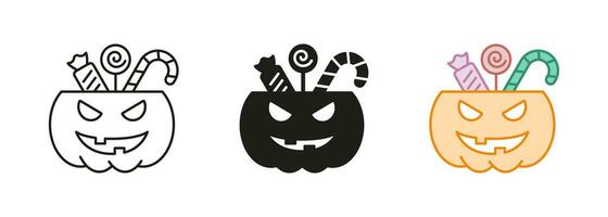 Kürbis mit Süßigkeiten Linie und Silhouette Symbol Satz. Halloween Korb zum Süss Süßigkeiten schwarz und Farbe Symbol Sammlung. behandeln oder Trick Halloween Kürbis Eimer Piktogramm. isoliert Vektor Illustration.