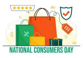 National Verbraucher Tag Vektor Illustration mit Einkaufen Wagen und Papier Tasche zum Förderung, Banner oder Poster im eben Karikatur Hintergrund Design