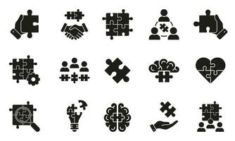 Zusammenarbeit und Zusammenarbeit Silhouette Symbol Satz. Puzzle Puzzle zusammen Glyphe Piktogramm. Mannschaft Gebäude, Einheit, Erfolg Partnerschaft. finden Lösung solide Symbol. isoliert Vektor Illustration.