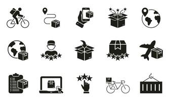 global Versand Silhouette Symbol Satz. online speichern, kaufen, bestellen Glyphe Piktogramm. Paket Kasten, Container solide unterzeichnen. Lieferung Bedienung und E-Commerce Symbol Sammlung. isoliert Vektor Illustration.