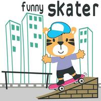 süß Karikatur Charakter Bär Skater. Vektor drucken mit süß Löwe auf ein Skateboard. können Sein benutzt zum T-Shirt drucken, Kinder tragen Mode Design, Stoff Textil, Kindergarten Hintergrund und andere Dekoration.