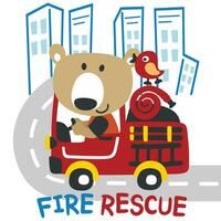 Vektor Illustration von komisch Tier Feuerwehrmann auf Feuer LKW. kreativ Vektor kindisch Hintergrund zum Stoff, Textil, Kindergarten Hintergrund, Karte, Poster und andere Dekoration