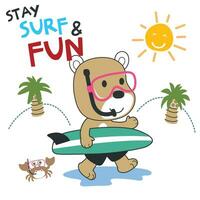 Vektor Illustration von süß wenig Tiger mit ein Surfbrett, komisch Hintergrund Karikatur Stil zum Kinder zum Kindergarten Design, Sommer- Sport T-Shirt drucken