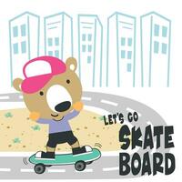 süß Karikatur Charakter Bär Skater. Vektor drucken mit süß Löwe auf ein Skateboard. können Sein benutzt zum T-Shirt drucken, Kinder tragen Mode Design, Stoff Textil, Kindergarten Hintergrund und andere Dekoration.