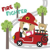 Vektor Illustration von komisch Tier Feuerwehrmann auf Feuer LKW. kreativ Vektor kindisch Hintergrund zum Stoff, Textil, Kindergarten Hintergrund, Karte, Poster und andere Dekoration