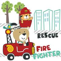 Vektor Illustration von komisch Tier Feuerwehrmann auf Feuer LKW. kreativ Vektor kindisch Hintergrund zum Stoff, Textil, Kindergarten Hintergrund, Karte, Poster und andere Dekoration