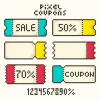 uppsättning av pixel kuponger.försäljning biljett mall, rabatt, ljus 8-bitars kupong. vektor illustration