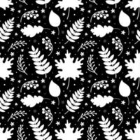 sömlösa mönster av vita blad och bär på en svart bakgrund vektor