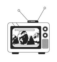 lugn parkera träd på 1970-talet TV svart och vit 2d tecknad serie objekt. gammal fashioned retro tv program isolerat vektor översikt Artikel. Kolla på nostalgi visa enfärgad platt fläck illustration