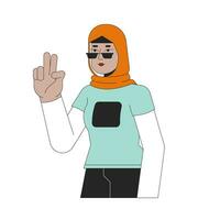 stilvoll Muslim Frau zeigen Sieg Zeichen 2d linear Karikatur Charakter. Sonnenbrille Hijab Frau Selfie nehmen isoliert Linie Vektor Person Weiß Hintergrund. zwei Finger oben Farbe eben Stelle Illustration