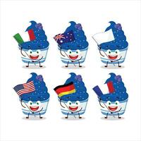 Eis Sahne Blaubeere Tasse Karikatur Charakter bringen das Flaggen von verschiedene Länder vektor
