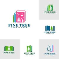uppsättning av tall träd med bok logotyp design vektor. kreativ tall träd logotyp begrepp mall vektor