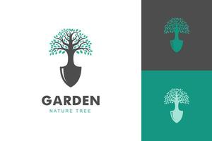 Schaufel und Baum Blatt Spaten Natur Grün Logo Symbol Design Illustration zum Garten, Gartenarbeit Logo Symbol vektor