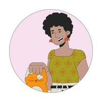 afro Haar Frau streicheln Katze Kopf 2d Linie Vektor Benutzerbild Illustration. afrikanisch amerikanisch Dame adoptieren Kätzchen Gliederung Karikatur Charakter Gesicht. Haustier Liebhaber weiblich eben Farbe Benutzer Profil Bild isoliert