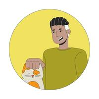 afrikansk amerikan vuxen man petting katt 2d linje vektor avatar illustration. hår flätad svart manlig sällskapsdjur ägare översikt tecknad serie karaktär ansikte. kattunge varelse klappad platt Färg användare profil bild isolerat