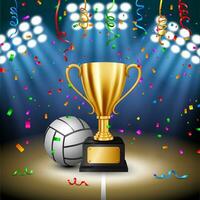 volleyboll mästerskap med gyllene trofén med faller konfetti och upplyst strålkastare, vektor illustration