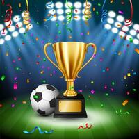 Fußball Meisterschaft mit golden Trophäe mit fallen Konfetti und beleuchtet Scheinwerfer, Vektor Illustration