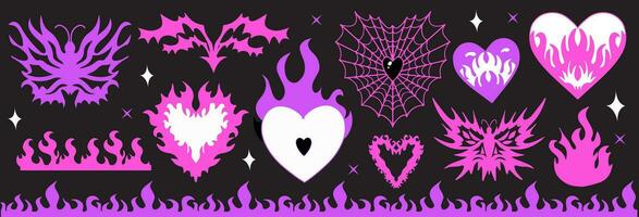 y2k gotik flamma tatuering rosa klistermärken. retro psychedelic kärlek konst. , hullingförsedda tråd, brand, fjäril, hjärta. estetisk 2000-talet emo goth flicka. vektor illustration