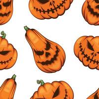 Halloween Muster Design, unheimlich Kürbis böse Hintergrund. gespenstisch Halloween Hintergrund mit Kürbisse mit unheimlich Gesichter, böse Kürbisse Hintergrund vektor