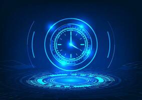Zeit Technologie ein technologisch Kreis Das Projekte das Uhr im das bilden von ein holographisch Bild. es verweist zu Technologie Sein entwickelt beim ein schnell Tempo zu antworten zu Menschen. vektor