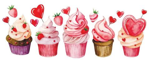 vattenfärg teckning, uppsättning av söt muffins med rosa grädde och hjärtan. illustration för hjärtans dag. vektor