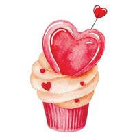 Aquarell Zeichnung, süß Cupcake mit Rosa Sahne und Herz. Illustration zum Valentinstag Tag. vektor