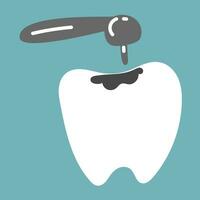 dental behandling. dental borra, borra en tand. behandling av karies. professionell tandläkare utnämning. en tand med en kärleksfull hålighet. oral hygien. tecknad serie barns platt vektor illustration