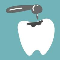 Dental Behandlung. Dental bohren, bohren ein Zahn. Behandlung von Karies. Fachmann Zahnarzt Termin. ein Zahn mit ein kariös Hohlraum. Oral Hygiene. Karikatur Kinder- eben Vektor Illustration