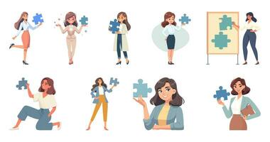 Vektor Illustration abbilden ein Frau halten ein Puzzle Stück.