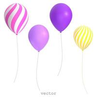 3d vektor luft ballonger. randig lila, gul, rosa festlig dekorativ element. firande, födelsedag design objekt. färgrik vektor illustration isolerat på vit bakgrund.