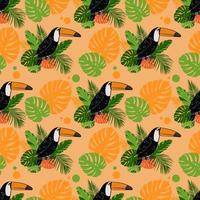 Tukanvogel, Blätter von Monstera und tropischen Pflanzen. nahtloses Muster vektor