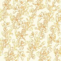 nahtlos Kirsche Ast Muster. Blumen- golden endlos Hintergrund zum Textil, Hintergrund, Stoff, Verpackung. hell Gelb Blumen- Hintergrund. vektor