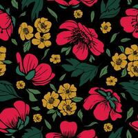 nahtlos Blumen- Muster. rot und Gelb Blumen und Blätter zum Textil- Design, Hintergrund, Verpackung. vektor
