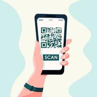 QR-Code-Handy-Scan auf dem Bildschirm. in der Hand auf weißem Hintergrund. vektor