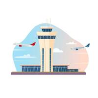 Flughafen Terminal Gebäude und Flugzeuge. Vektor Illustration