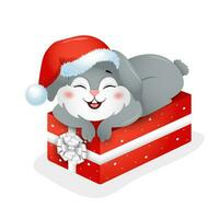 Jahr von Hase. Weihnachten Hase im Santa Hut auf Geschenk Kasten. Chinesisch Neu Jahr 2023 Symbol. Vektor Illustration im Karikatur Stil. Design Element zum Gruß Karten, Urlaub Banner, Dekor