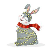 Weihnachten Hase mit Girlande. Jahr von Hase. Chinesisch Neu Jahr 2023 Symbol. Vektor Illustration im Karikatur Stil. Design Element zum Gruß Karten, Urlaub Banner, Dekor