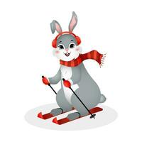 söt kanin skidåkning. år av kanin. kinesisk ny år 2023 symbol. vektor illustration i tecknad serie stil. design element för hälsning kort, Semester baner, dekor
